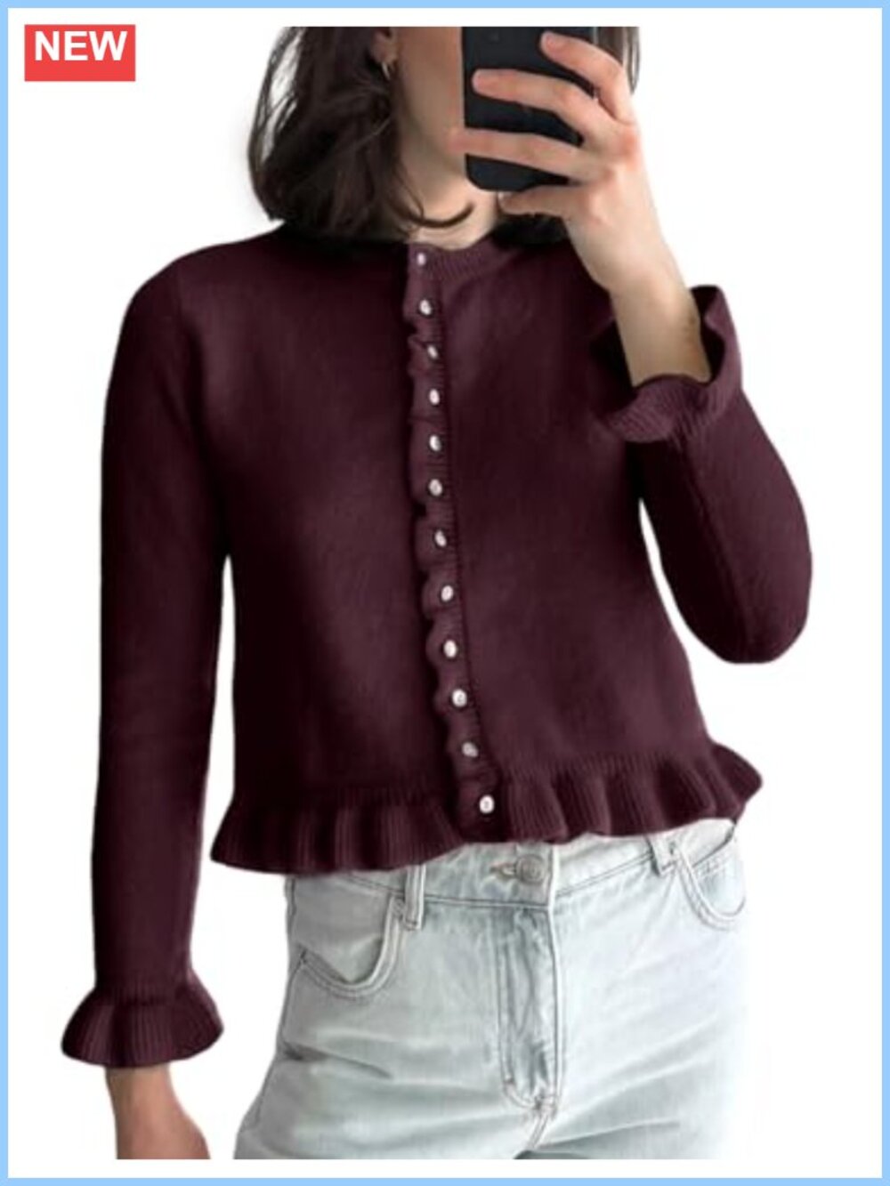 Cropped Ruffle Hem Button Down Knit Cardigan Sweater
